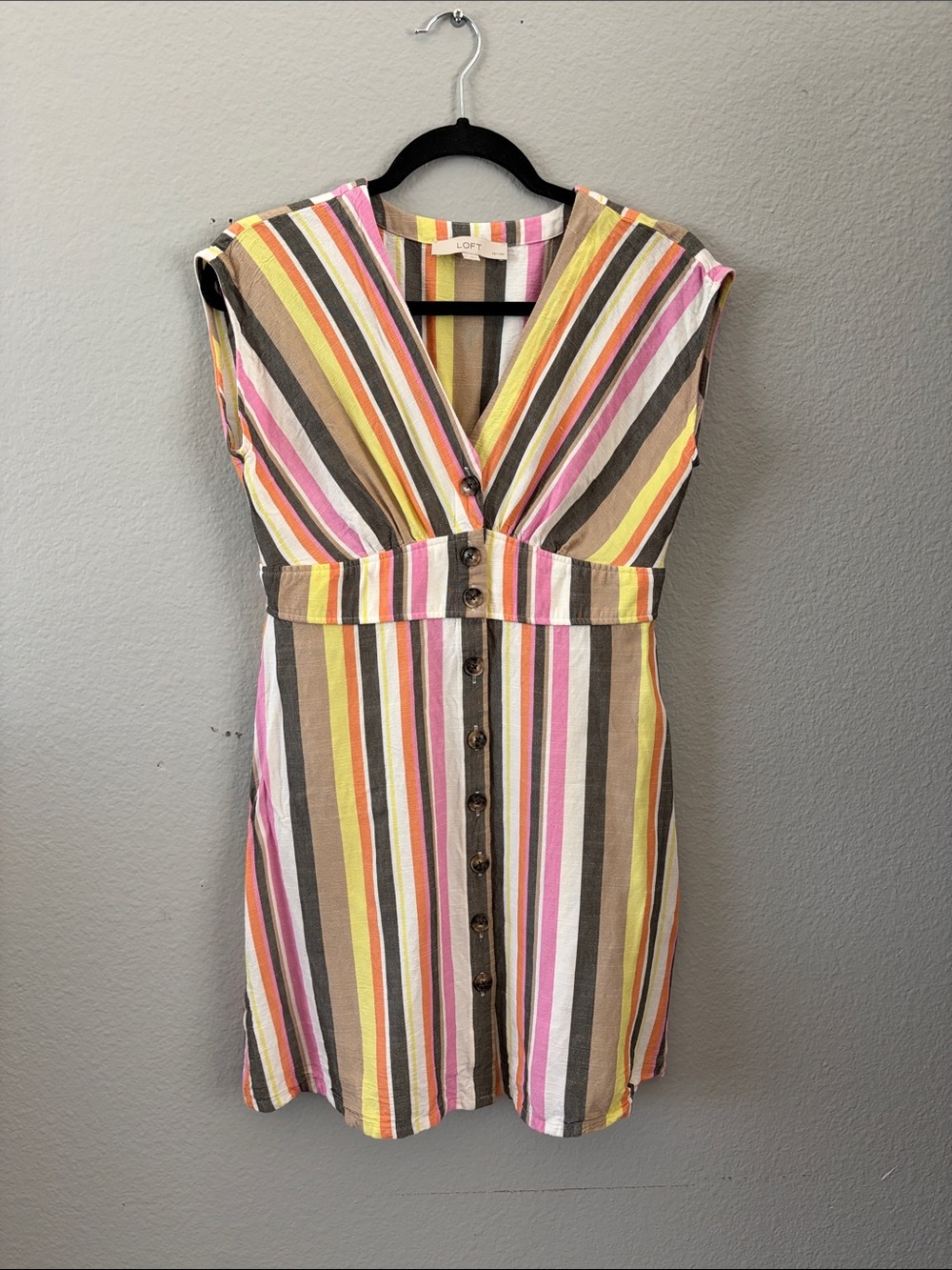 LOFT Striped V-Neck Button-Front Mini Dress